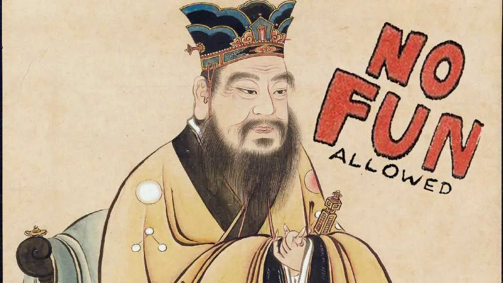 An old painting of Kongzi/Confucius with a "NO FUN ALLOWED" sign next to him