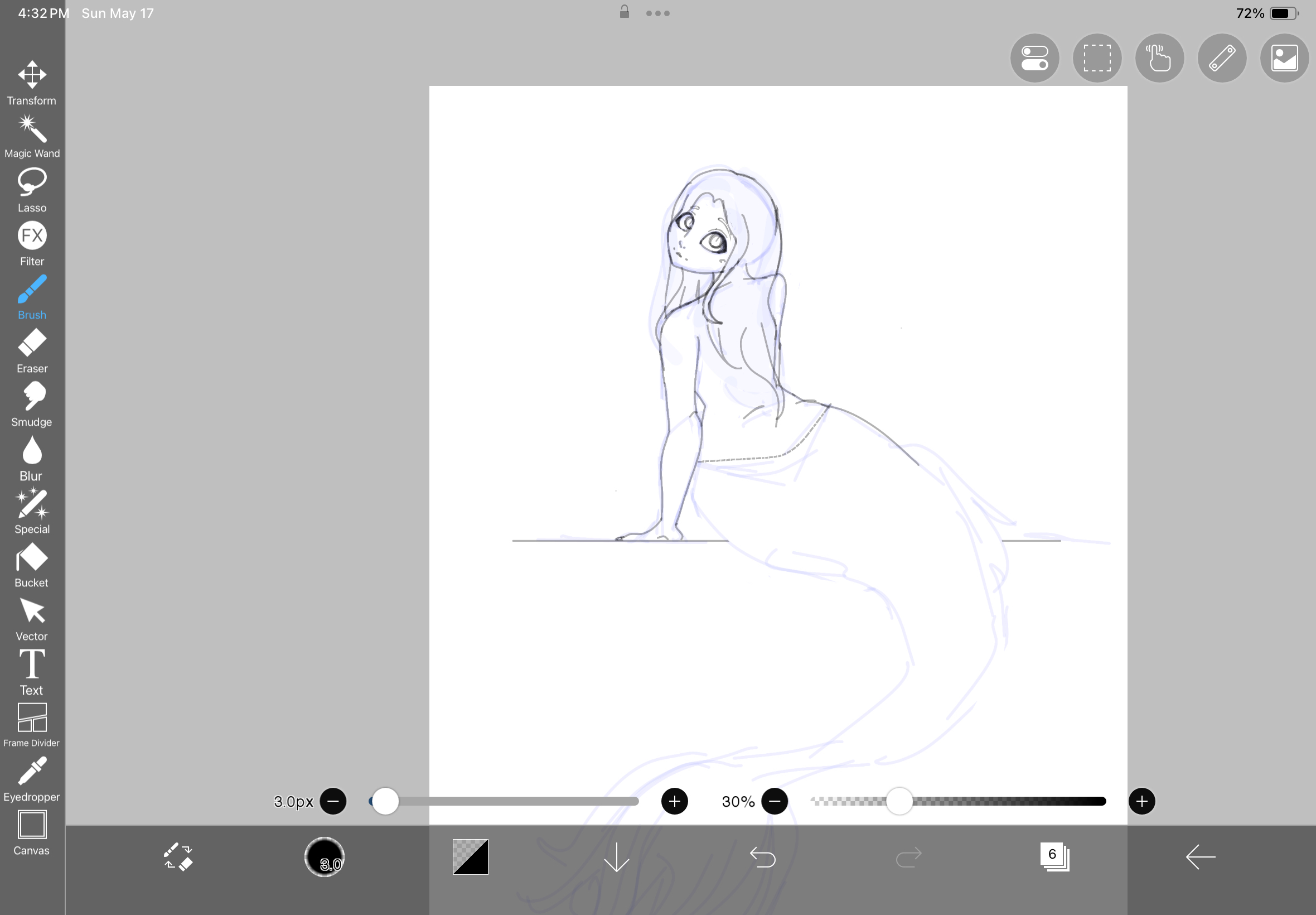 screenshot of an ibispaint sketch of a siren looking over her head at the viewer