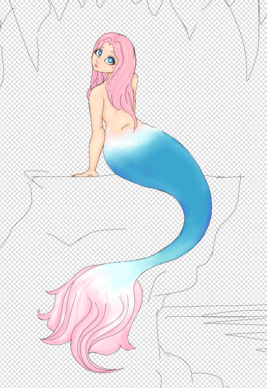 a digital illustration of a fair skinned siren with pink hair and a teal pink gradient tail looking over her shoulder at the viewer