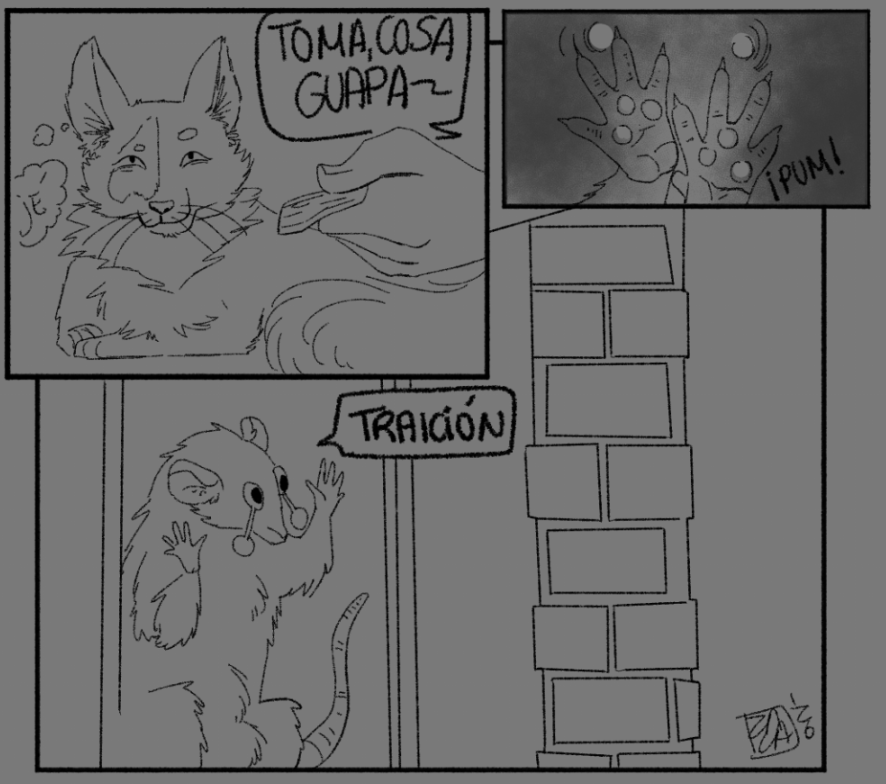 Mini comic de tres viñetas. La primera se ve una gata con cara de malicia mientras le dicen "toma, cosa guapa" y le dan de comer. La segunda viñeta, las manos de una rata y los ojos al fondo, dando yuyu. En la tercera viñeta, la rata llora pegada a la ventana, manitas en alto mientras ve con envidia cómo la gata come, pero él no y dice "traición".